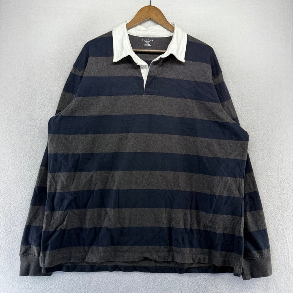 Sonoma Rugby Shirt Mens 2XL Blue Gray Striped Colorblock Thick Preppy Vintage